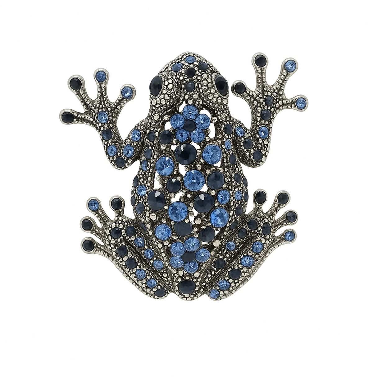 Frog brooch with dark silver-tone finish, decorated with blue and navy faceted stones, cutout on white background.