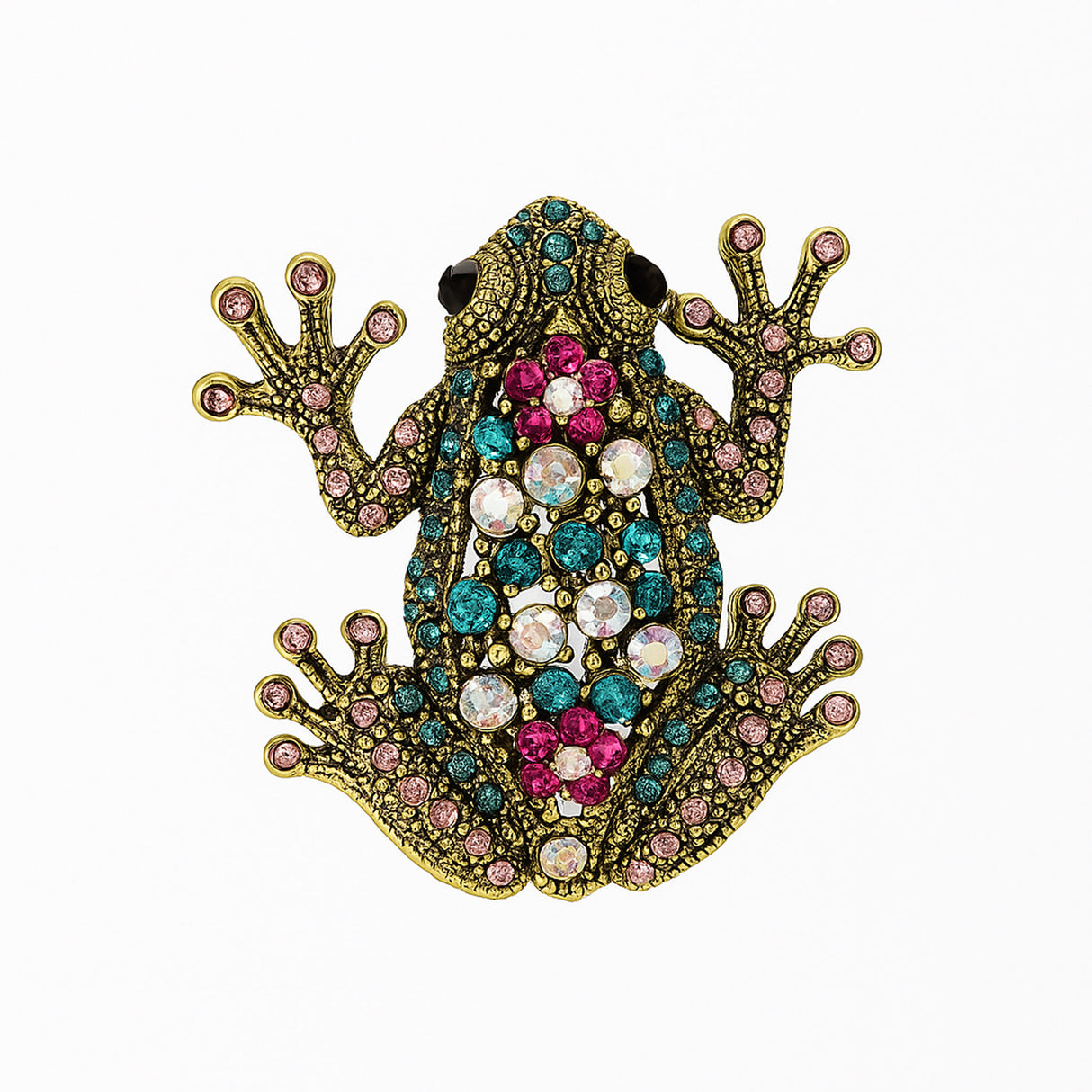 Frog brooch with gold-tone metal finish, adorned with pink, teal, and iridescent faceted stones, cutout on white background.