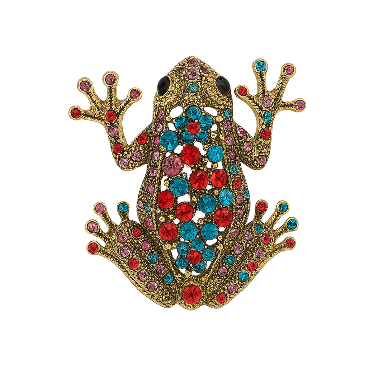 Frog brooch with gold-tone metal base, featuring red, teal, and pink faceted stones, cutout on white background.