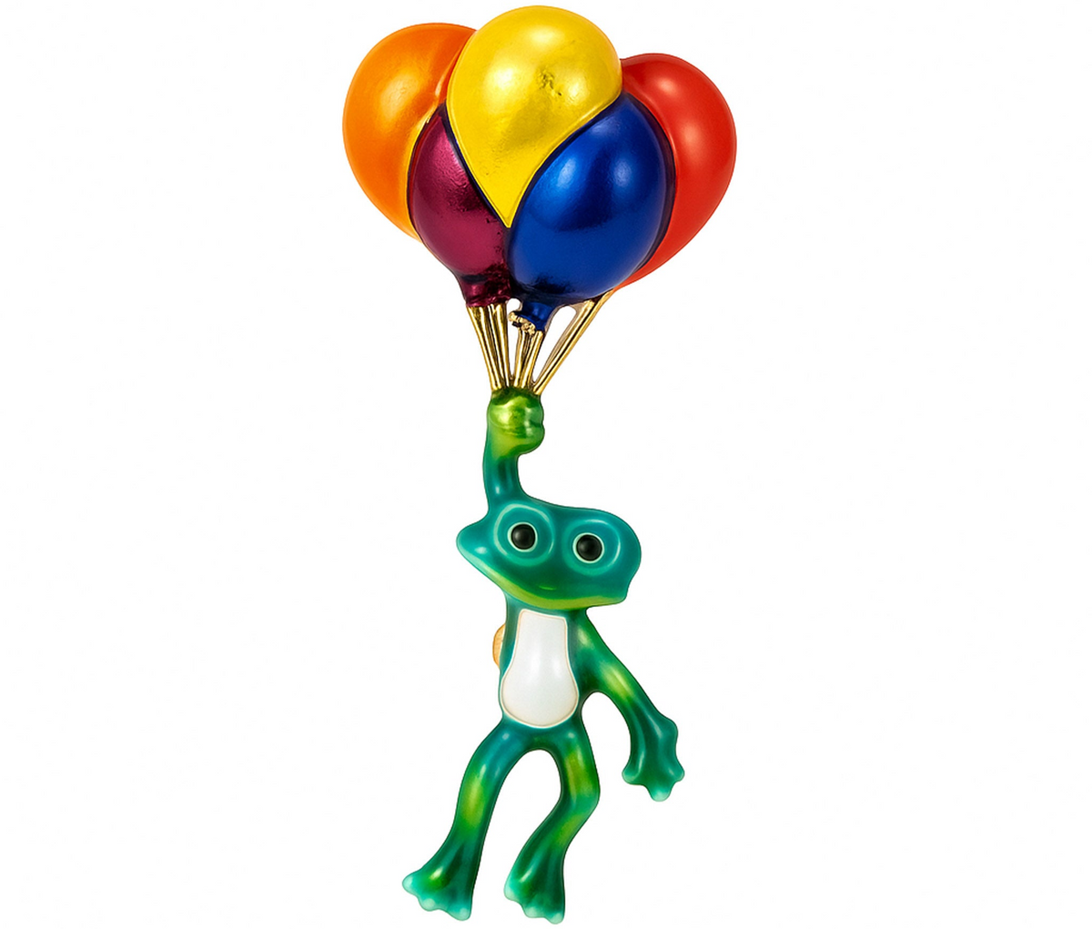Frog brooch with green enamel body, white belly, and multicolor balloon cluster, cutout on white background. Landscape crop for secondary use.