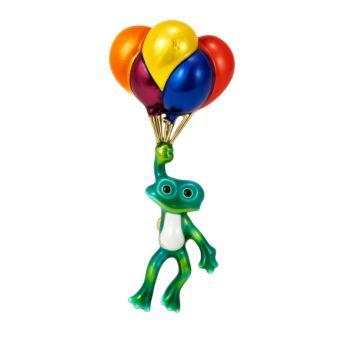 Frog brooch with green enamel body, white belly, and multicolor balloon cluster, cutout on white background.