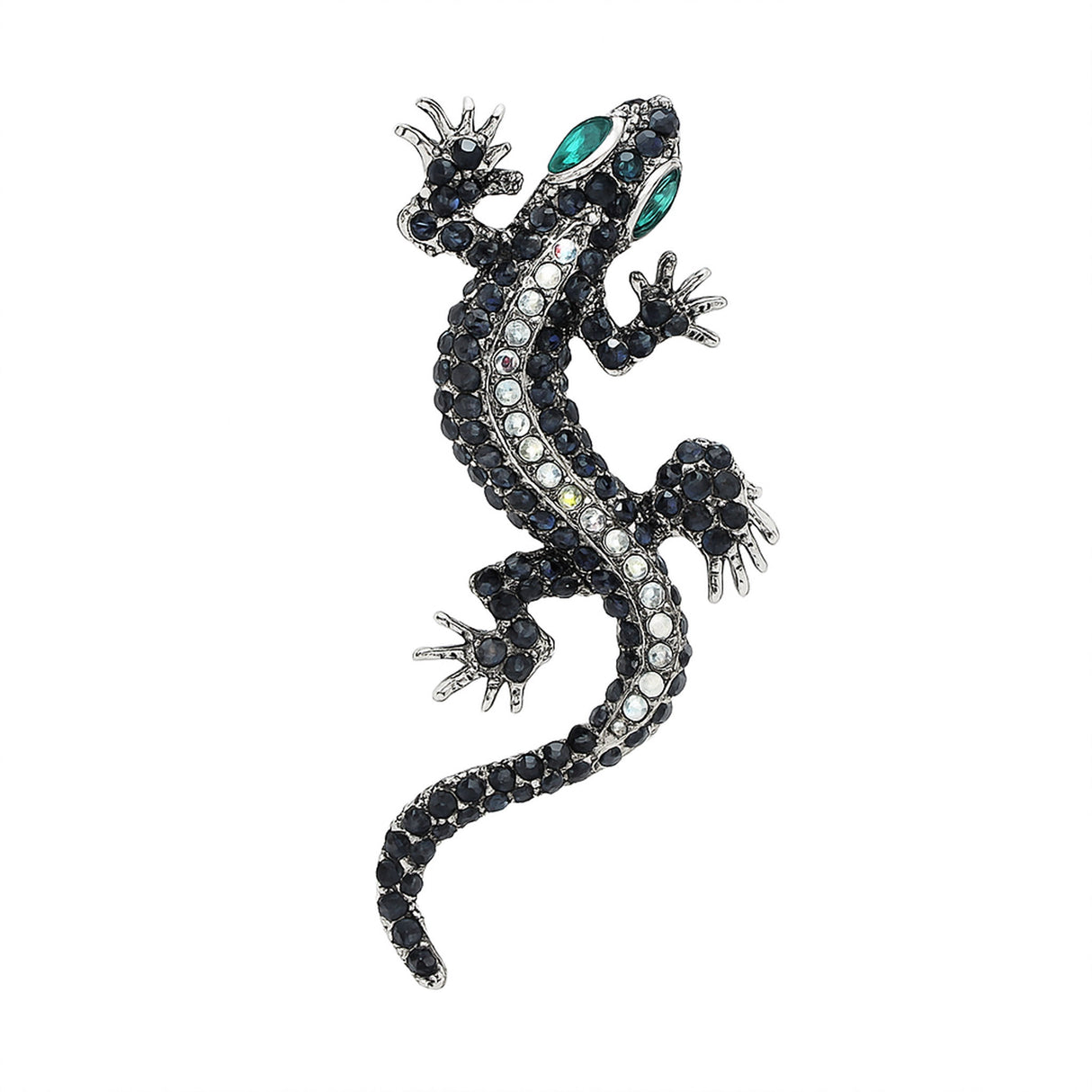 Gecko lizard brooch with silver-tone body, clear and dark faceted stones, and green-toned eyes, cutout on white background.
