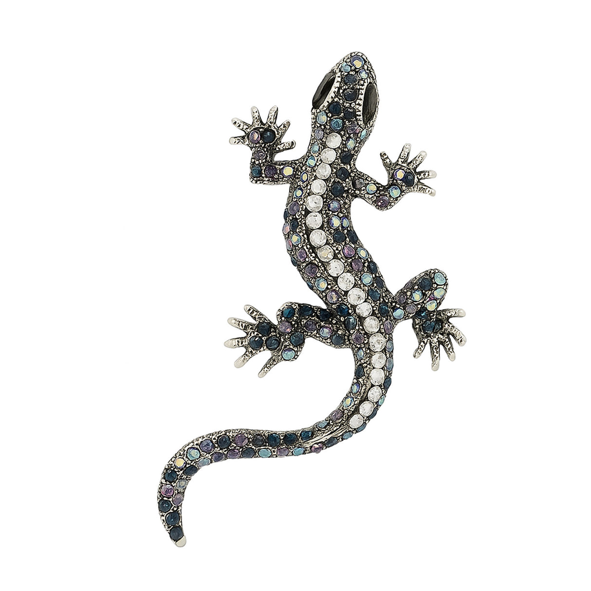 Gecko lizard brooch with silver-tone metal finish, iridescent blue and purple faceted stones, and black eyes, cutout on white background.