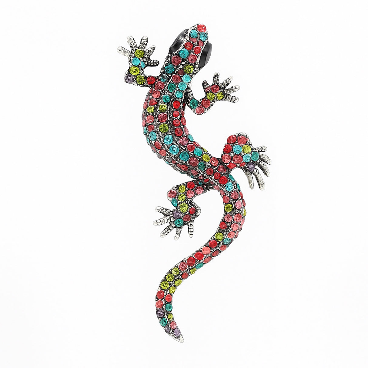 Gecko lizard brooch with multicolor faceted stones in pink, red, blue, and green tones, black eyes, cutout on white.