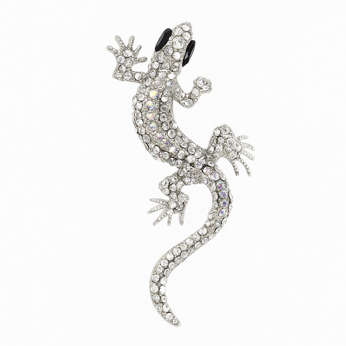 Gecko lizard brooch with silver-tone metal finish, iridescent clear faceted stones, and black eyes, cutout on white background.