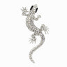 Gecko lizard brooch with silver-tone metal finish, iridescent clear faceted stones, and black eyes, cutout on white background.