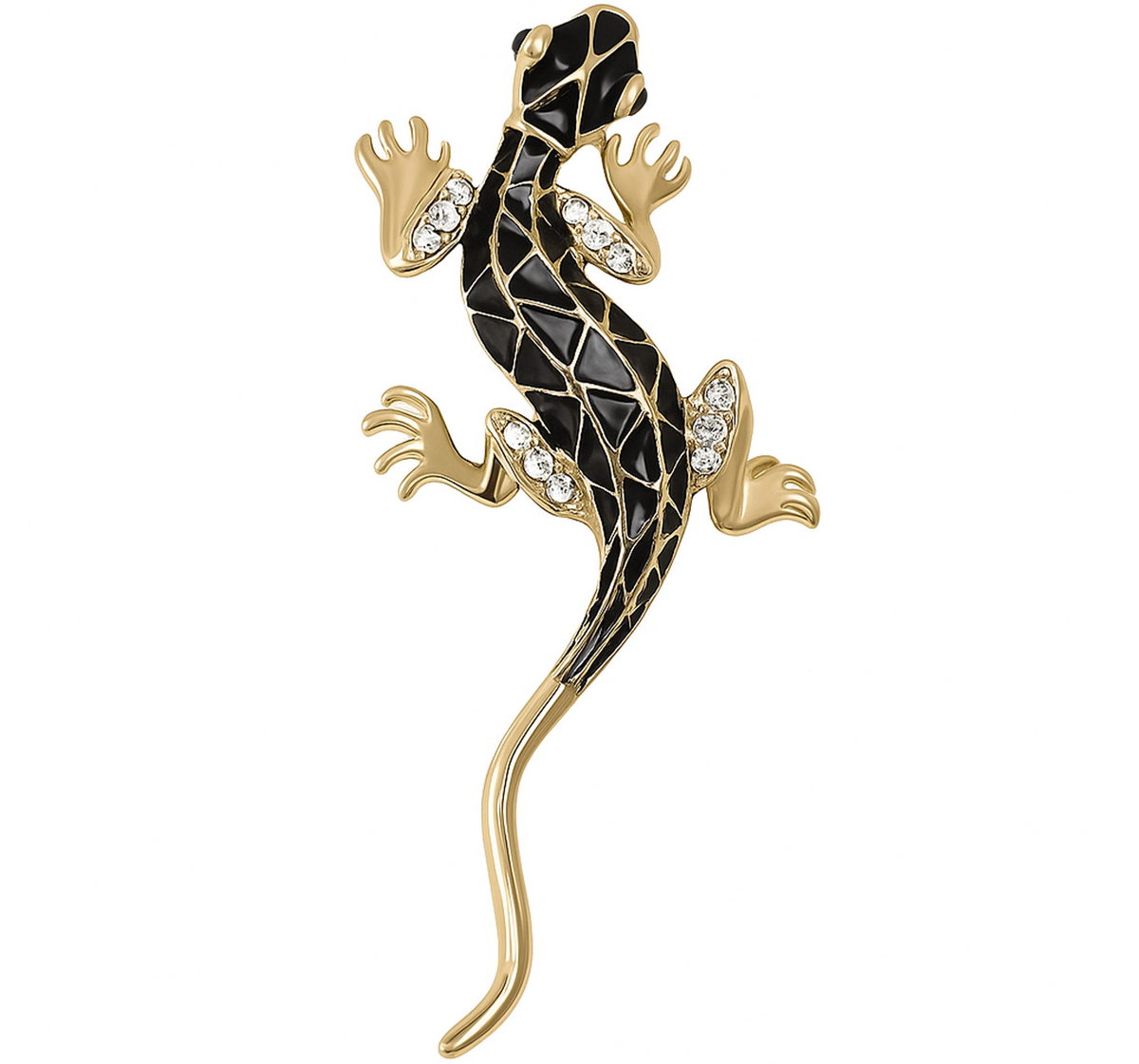 Lizard brooch with gold-tone metal finish, black enamel body with geometric pattern, and clear faceted stone accents, cutout on white. Landscape crop for secondary use.