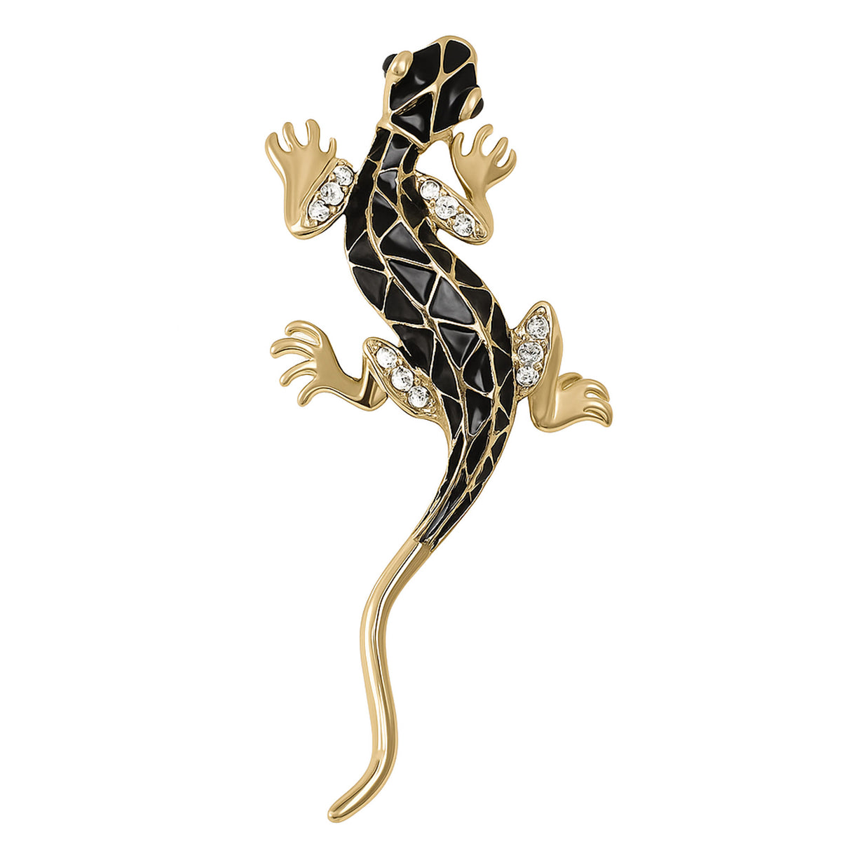 Lizard brooch with gold-tone metal finish, black enamel body with geometric pattern, and clear faceted stone accents, cutout on white.