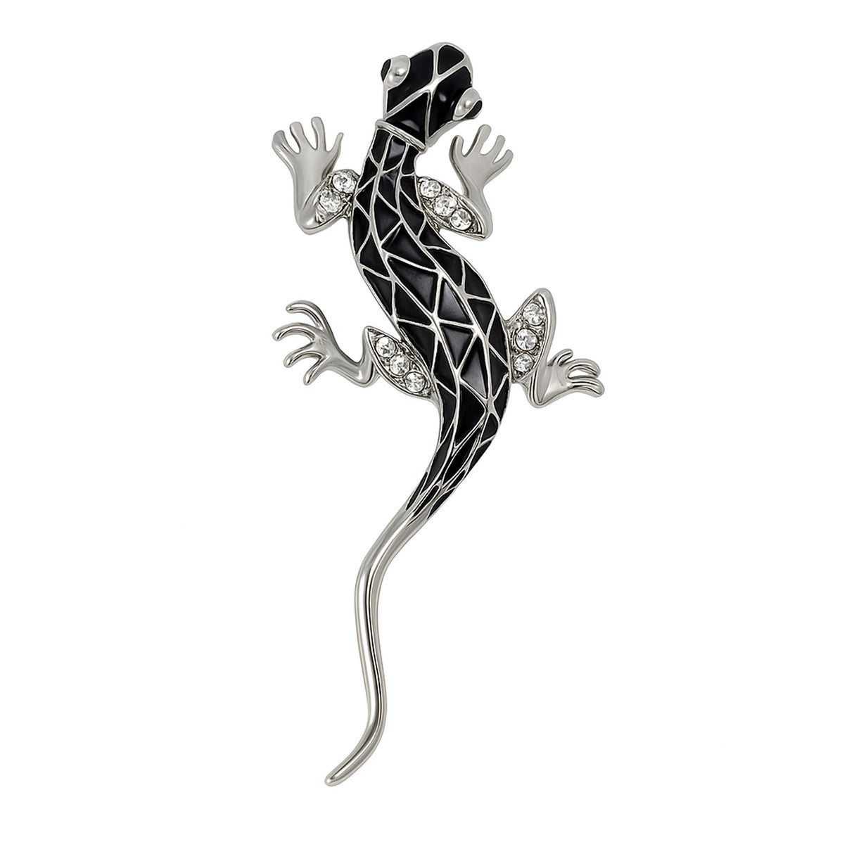 Lizard brooch with silver-tone metal finish, black enamel body with crisscross pattern, and clear stones, cutout on white.