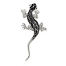 Lizard brooch with silver-tone metal finish, black enamel body with crisscross pattern, and clear stones, cutout on white.