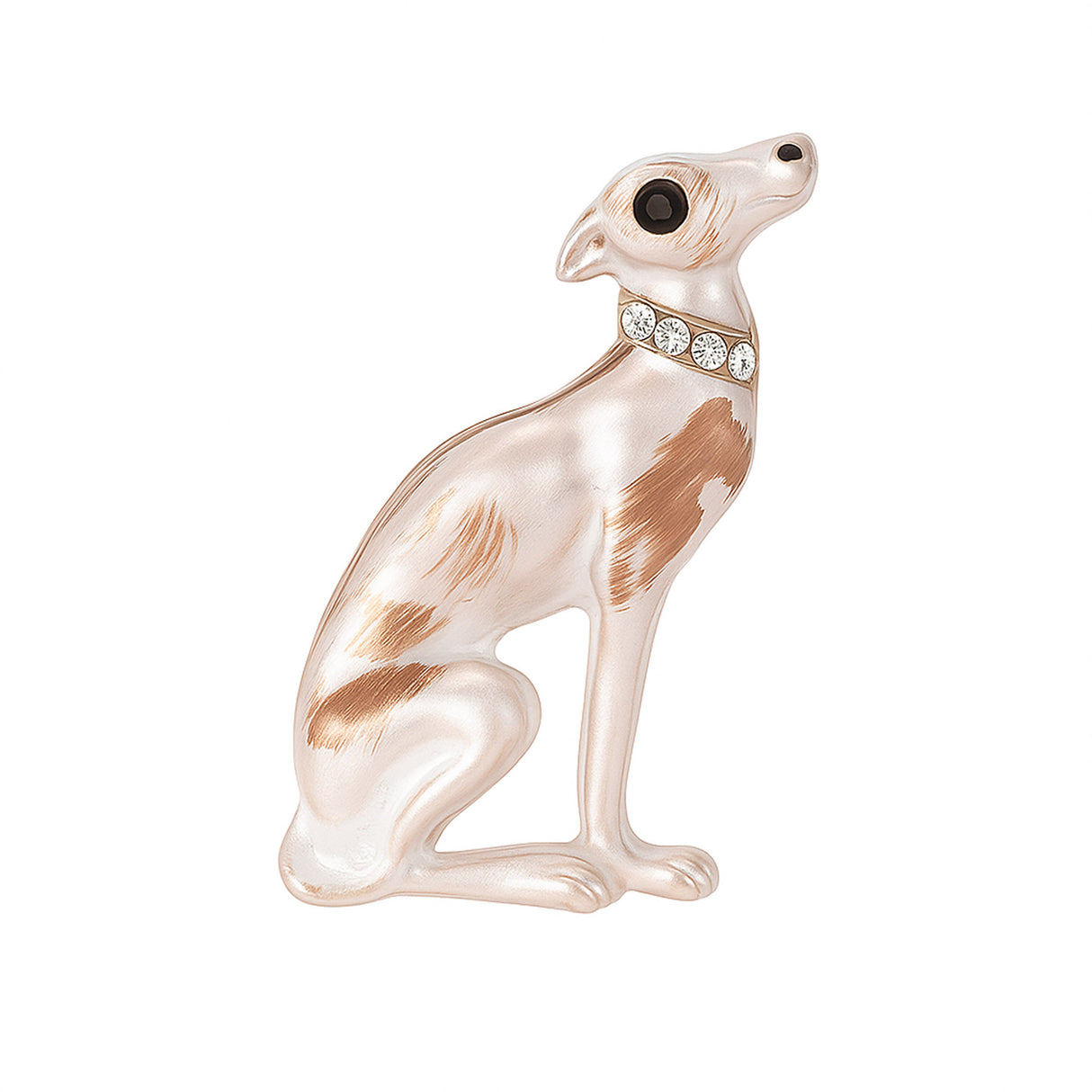 Sitting greyhound brooch with white body, brown enamel patches, black eye, and clear faceted stone collar, cutout on white.