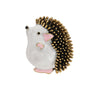 Hedgehog brooch featuring white body, pink accents, and black spines with gold-tone tips, cutout on white background.