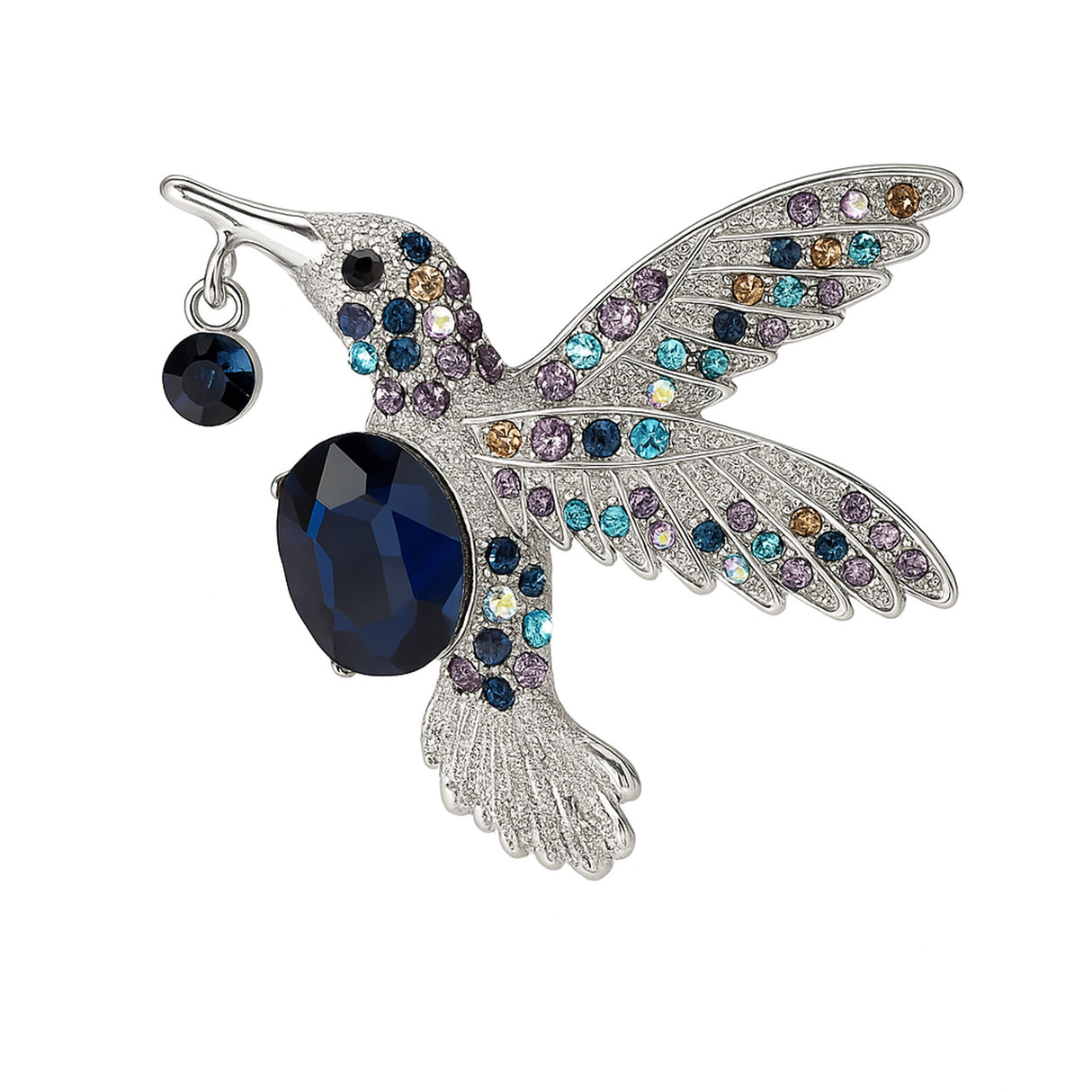 Hummingbird brooch with silver-tone finish, large blue faceted center stone, and multicolor decorative stones, cutout on white.