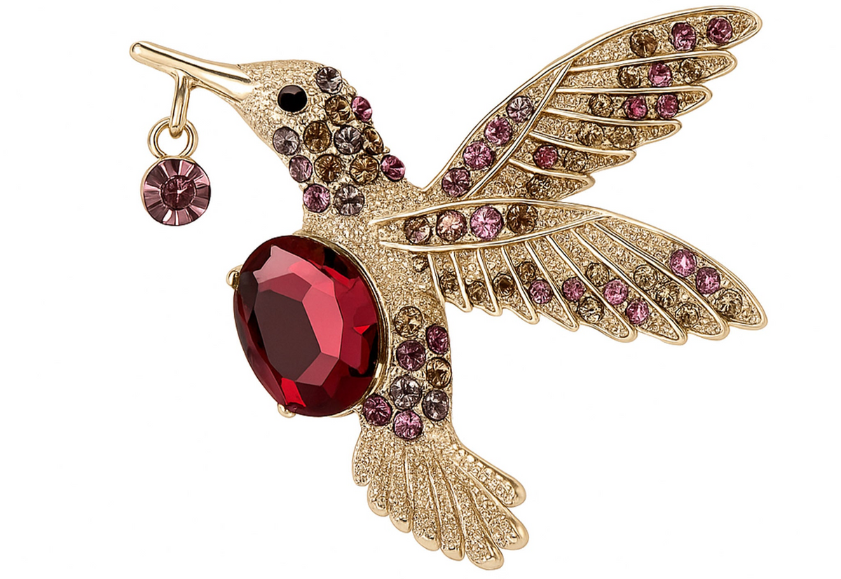 Hummingbird brooch with gold-tone finish, large red faceted center stone, and smaller pink-toned decorative stones, cutout on white. Landscape crop for secondary use.