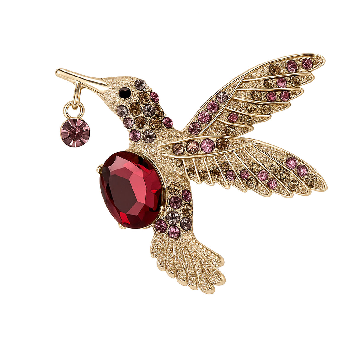 Hummingbird brooch with gold-tone finish, large red faceted center stone, and smaller pink-toned decorative stones, cutout on white.