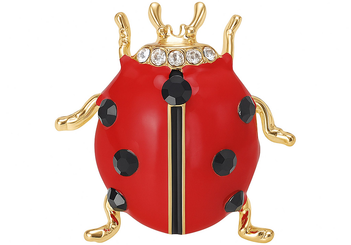 Ladybird brooch with red enamel body, black faceted spots, small clear accent stones, and gold-tone legs, cutout on white. Landscape crop for secondary use.