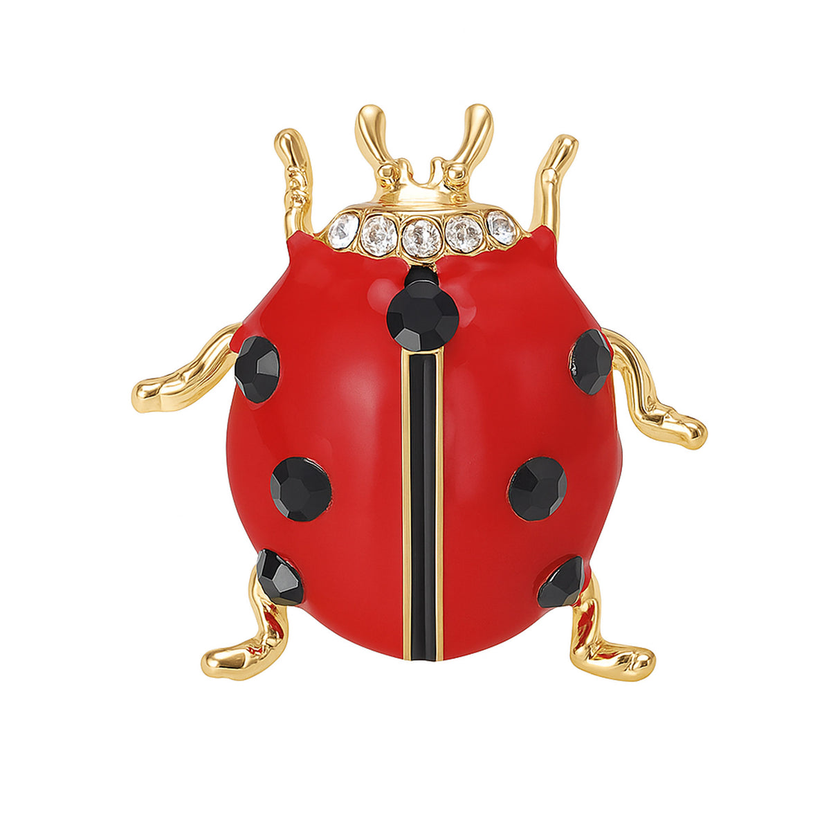 Ladybird brooch with red enamel body, black faceted spots, small clear accent stones, and gold-tone legs, cutout on white.