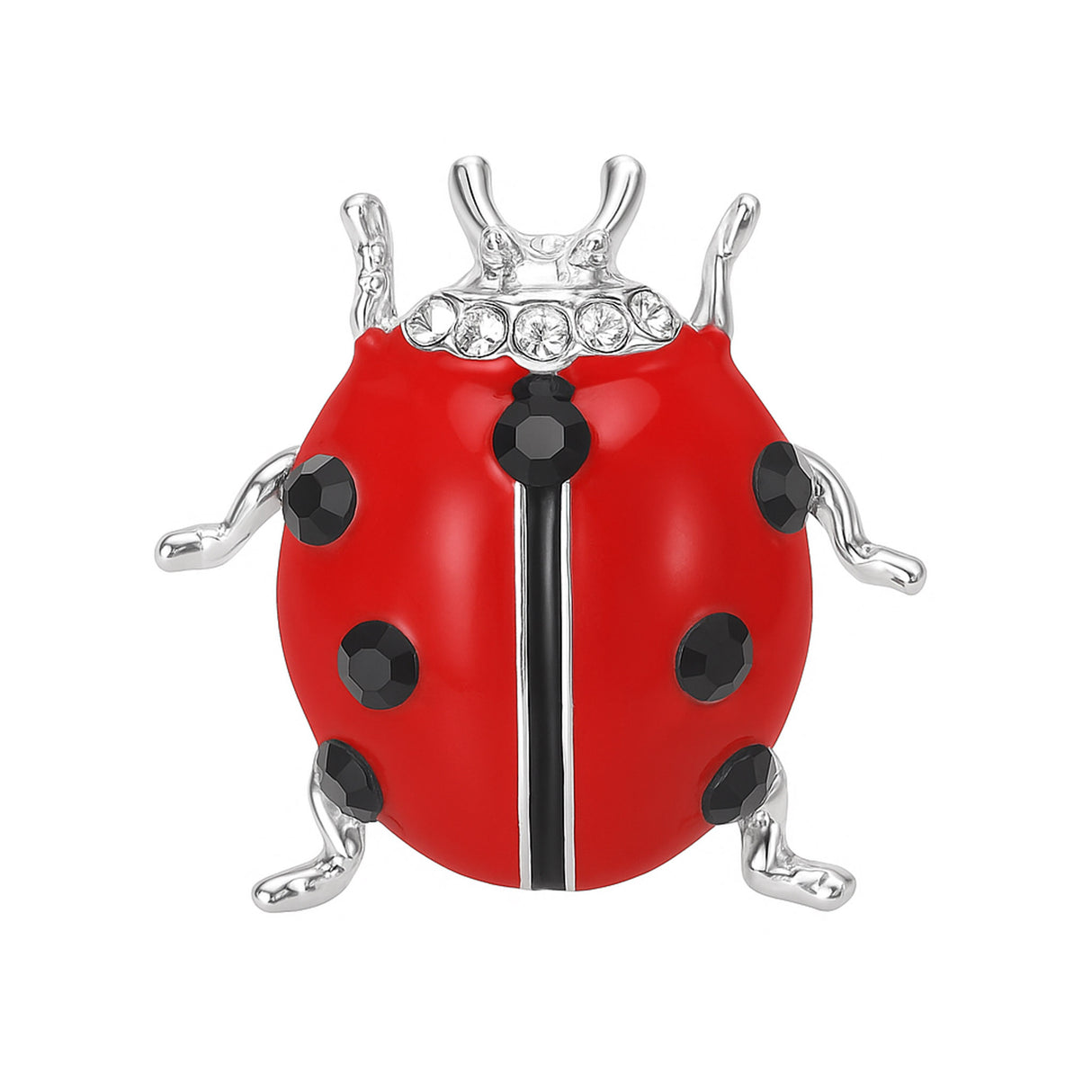 Ladybird brooch with red enamel finish, black faceted dots, clear accent stones, and silver-tone legs, cutout on white.