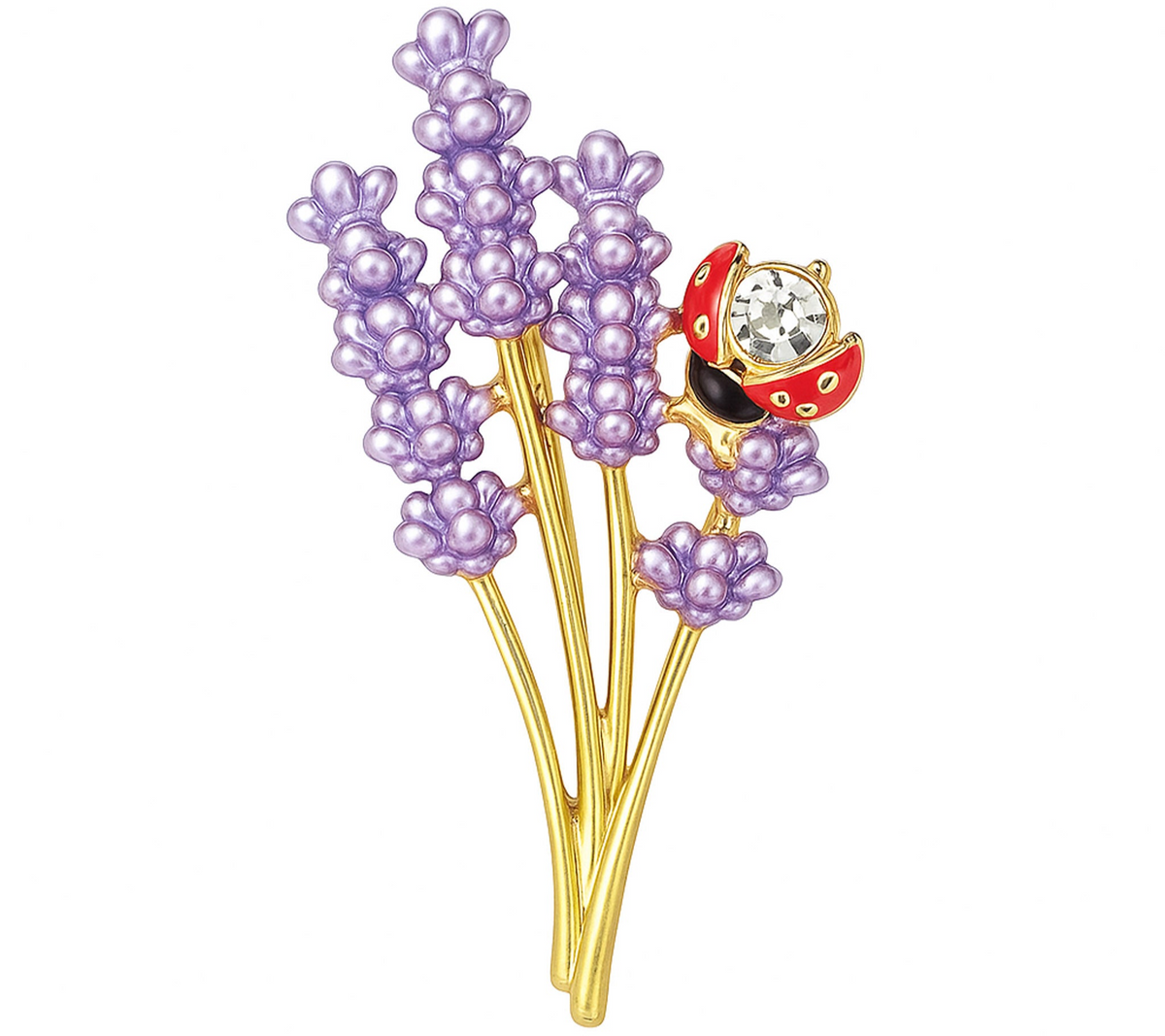 Lavender brooch with gold-tone stems, purple enamel buds, and red ladybird featuring clear faceted stone, cutout on white background. Landscape crop for secondary use.