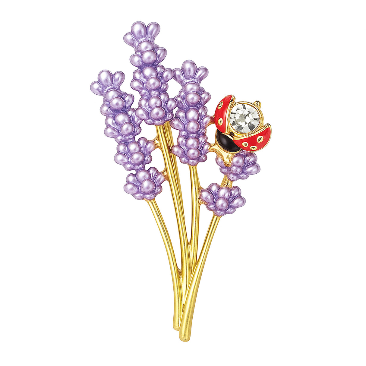 Lavender brooch with gold-tone stems, purple enamel buds, and red ladybird featuring clear faceted stone, cutout on white background.