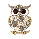 Owl brooch with gold-tone finish, amber-toned faceted stones, dark red eyes, and white round rhinestone details, cutout on white.