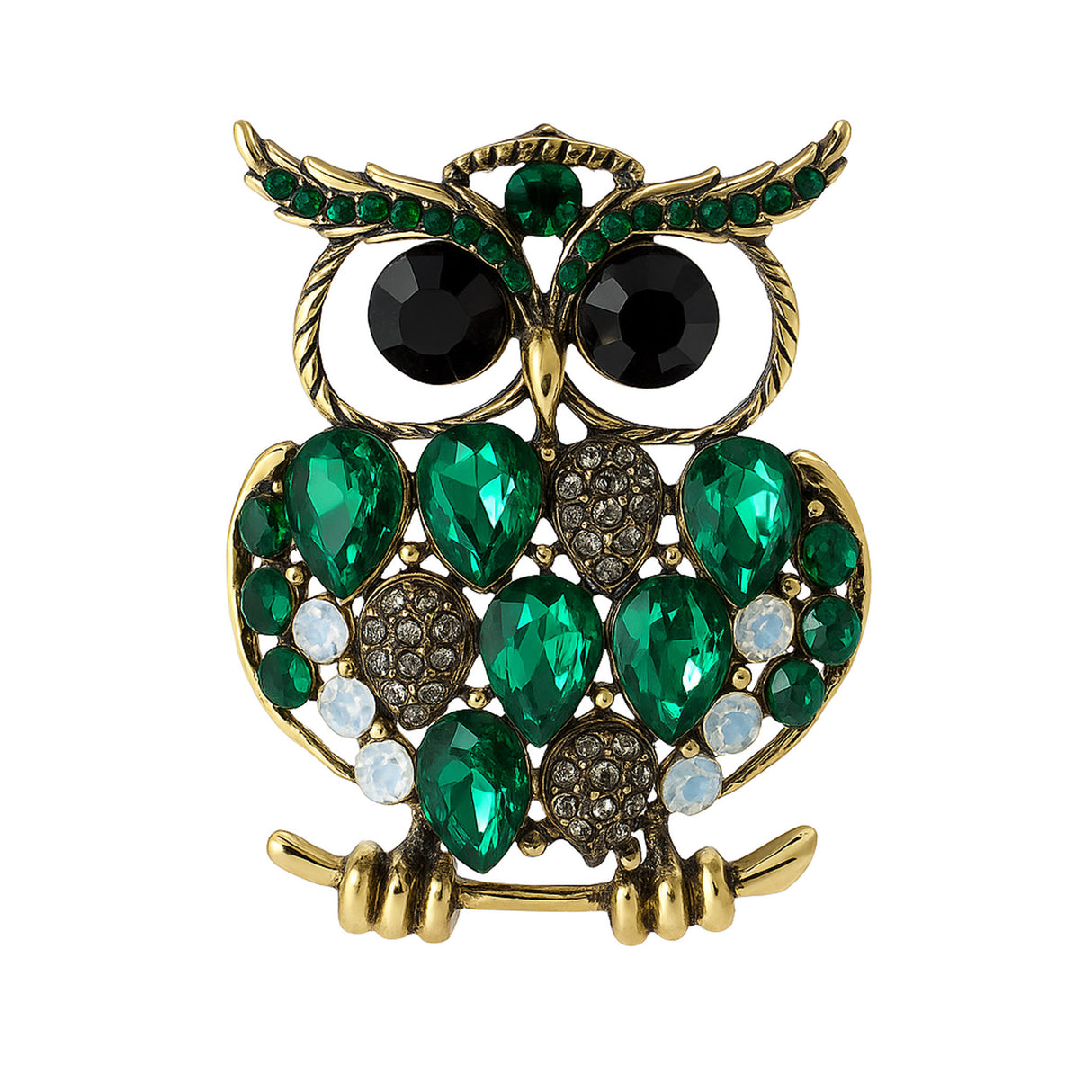 Owl brooch with gold-tone finish, large green faceted stones, black round eyes, and small multicolor rhinestone accents. Cutout on white.