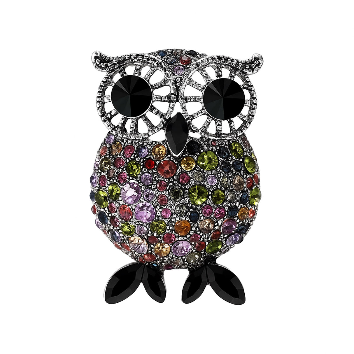 Owl brooch with silver-tone finish, large black eyes, and round faceted stones in pink, green, red, and orange, featuring black leaf-shaped stones for feet, cutout on white background.