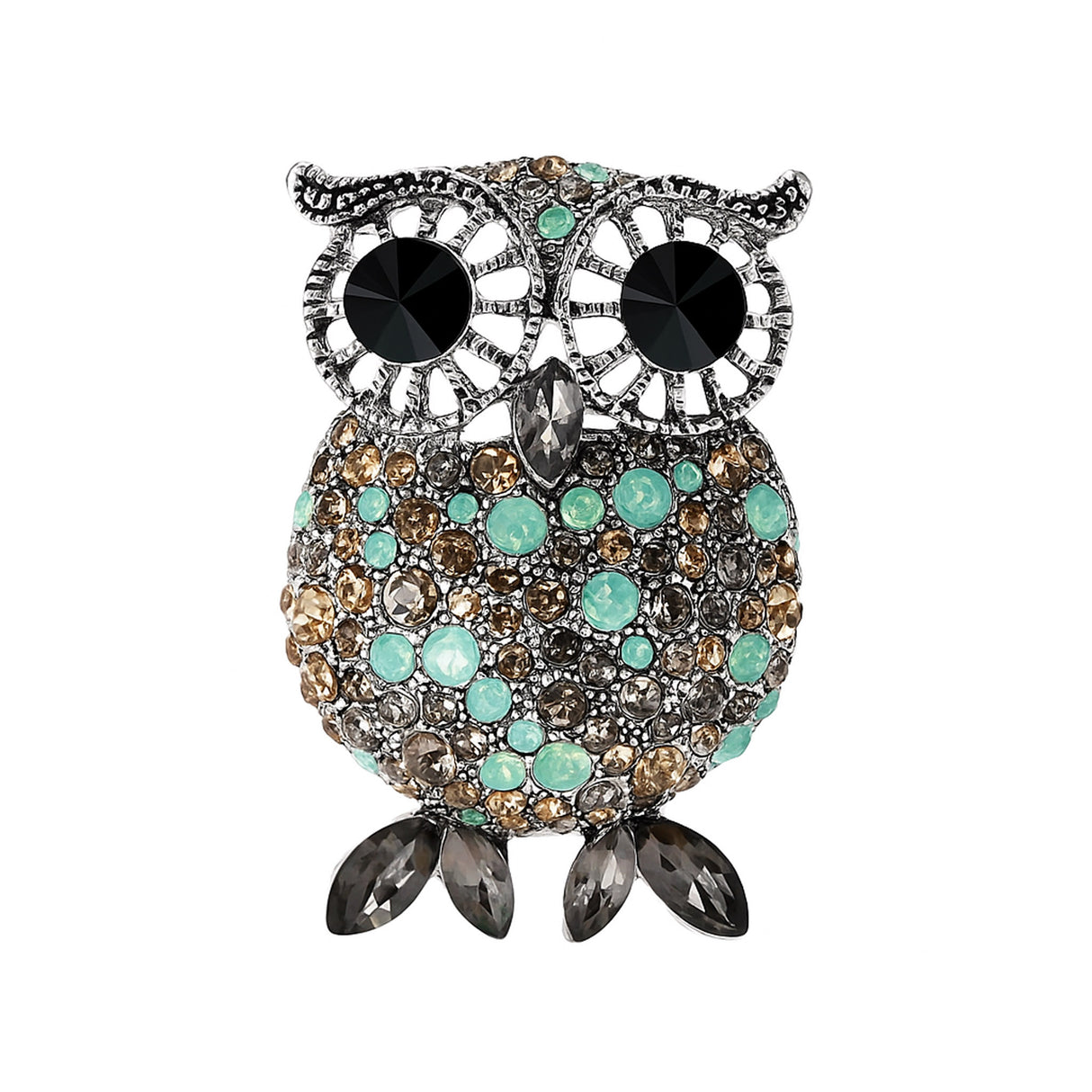 Owl brooch in silver-tone metal with black eyes and turquoise, beige, and gray round stones, featuring gray tapered oval stones with pointed ends for feet. Cutout on white.