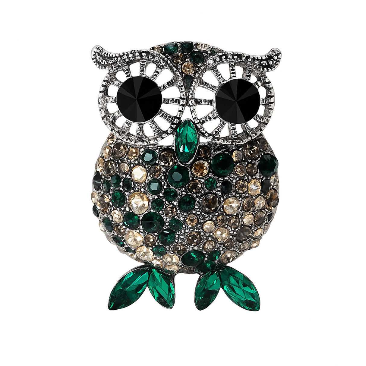 Owl brooch with silver-tone frame, black eyes, and faceted stones in shades of green and beige, finished with green navette-shaped stones for feet. Cutout on white.