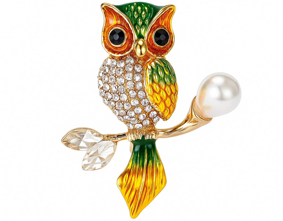 Owl brooch with green and gold-tone finish, clear faceted stones, and pearl-like bead on branch, cutout on white. Landscape crop for secondary use.
