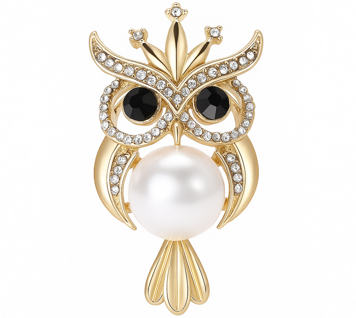 Owl brooch with gold-tone metal finish, black crystal eyes, clear round faceted stone accents, and large white round faux pearl body, cutout on white. Landscape crop for secondary use.