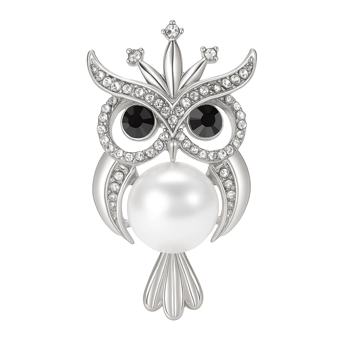 Owl brooch with silver-tone metal finish, eyes from black faceted stones, small clear crystal accents, and large white round imitation pearl body, cutout on white.