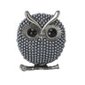 Owl brooch with silver-tone finish, dark grey round beads, black eyes, and branch detail, cutout on white background.
