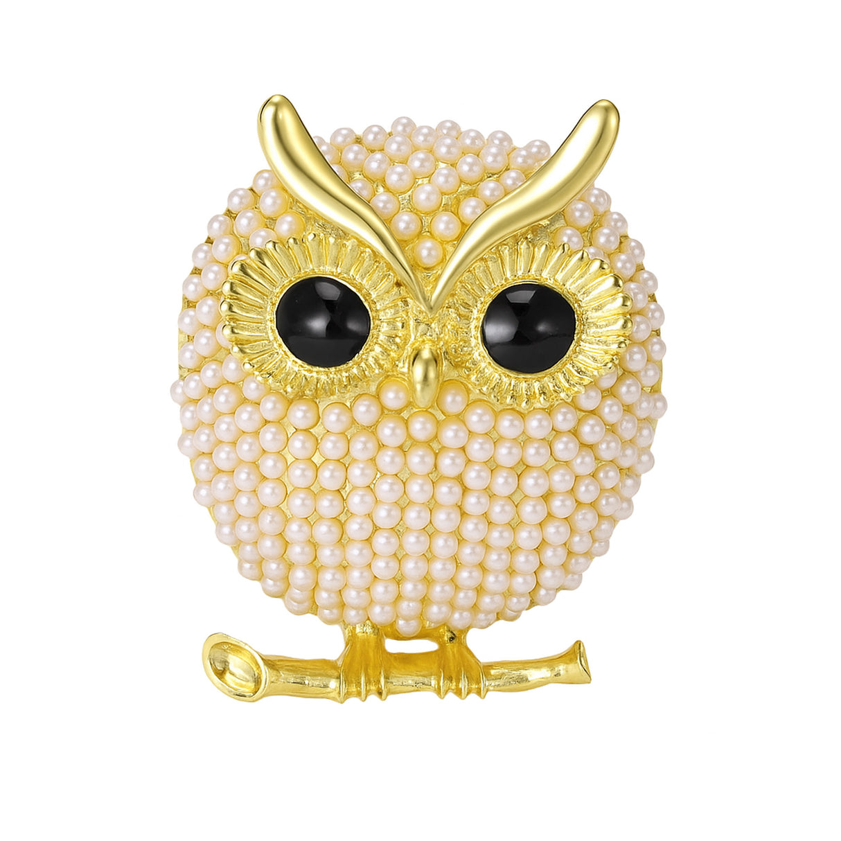 Owl brooch with gold-tone finish, small faux pearl beads, black eyes, and branch element, cutout on white background.