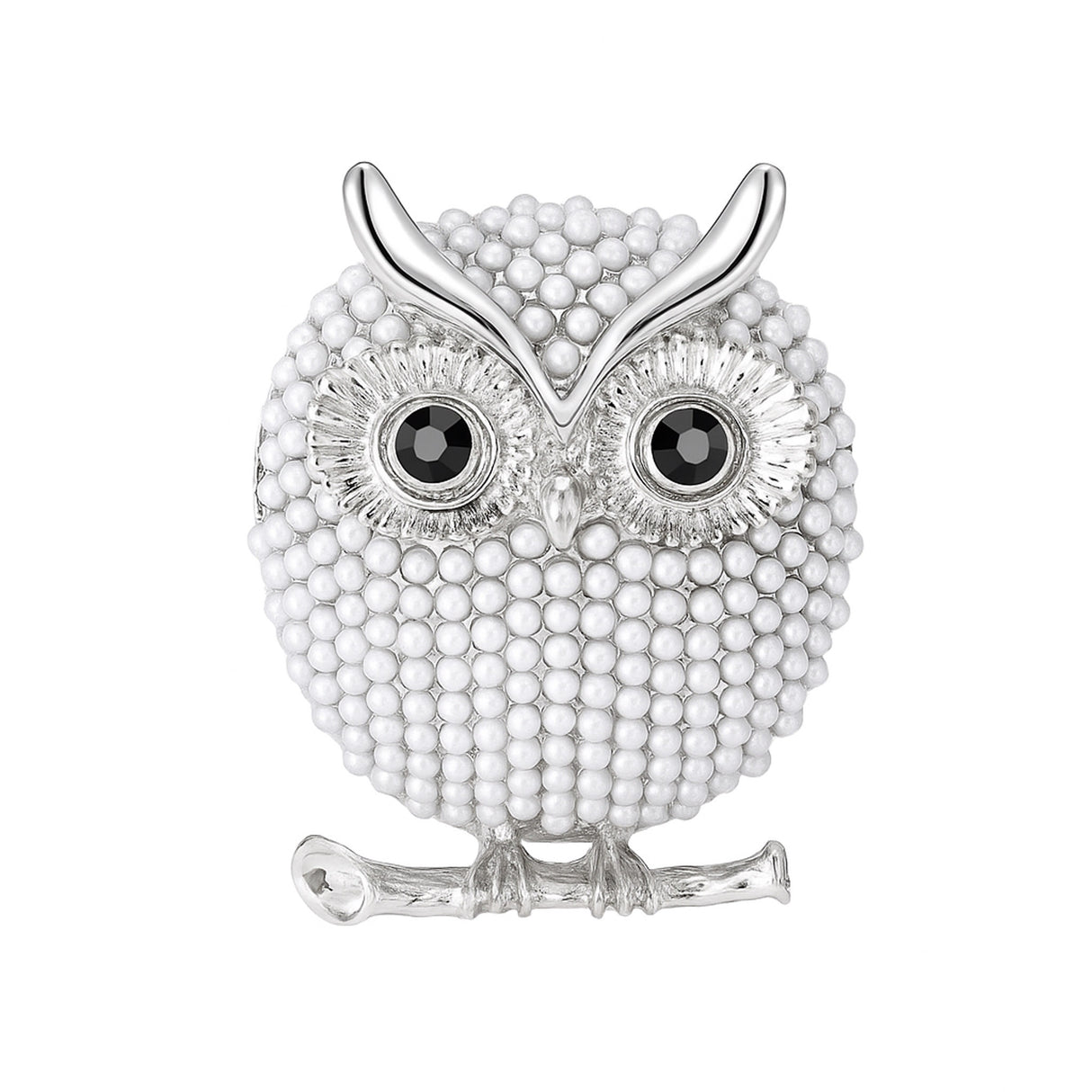 Owl brooch with silver-tone finish, glossy white round beads, black eyes, and curved branch detail, cutout on white background.