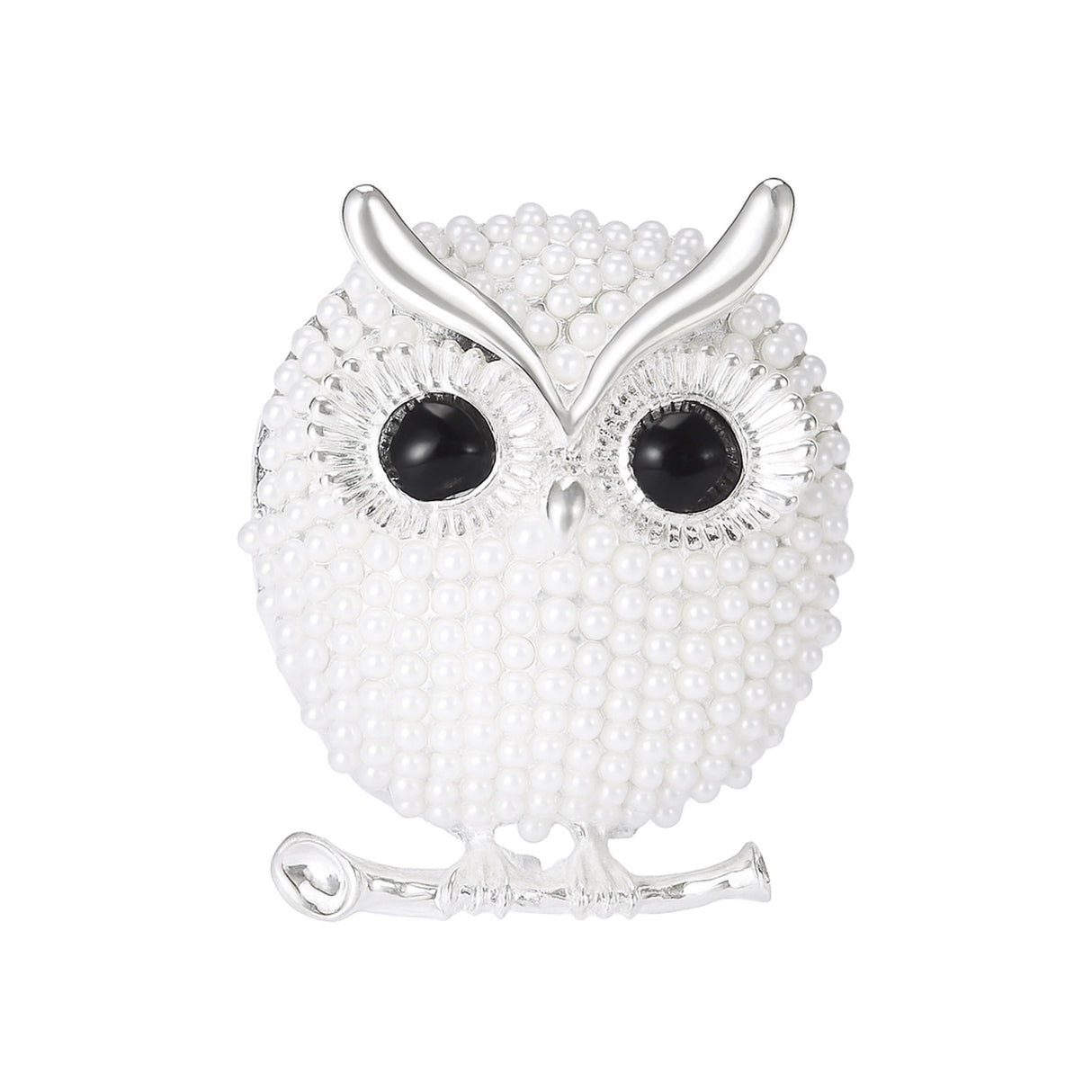 Owl brooch with silver-tone finish, white round beads, black gem-like eyes, and perch design, cutout on white background.