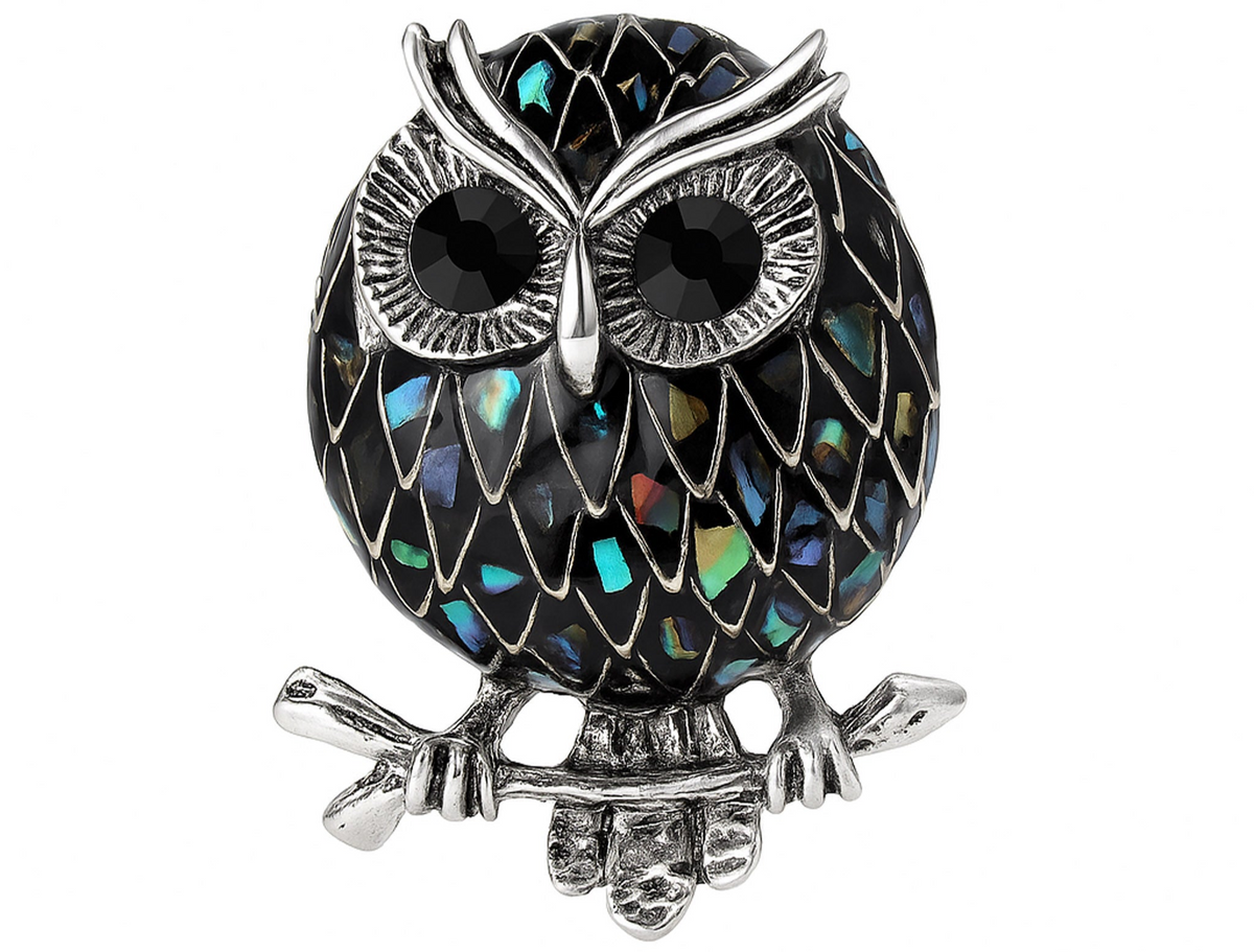 Owl brooch with multicolor mosaic-style pattern on black base, silver-tone outline, and black faceted eyes, cutout on white. Landscape crop for secondary use.