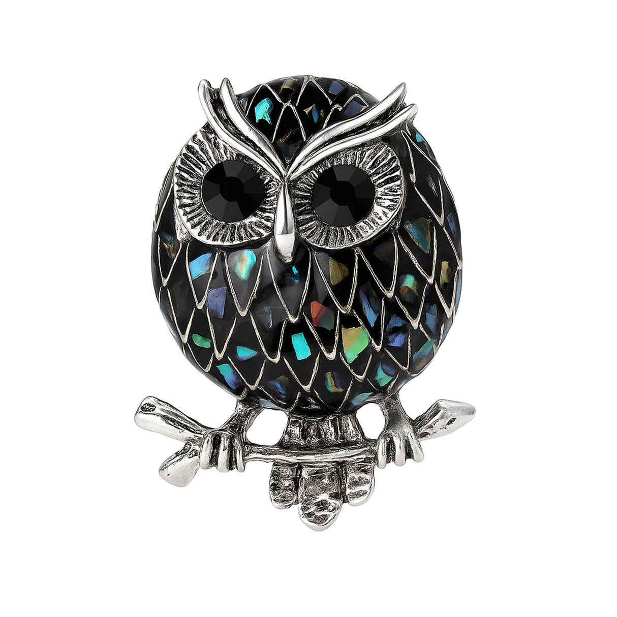 Owl brooch with multicolor mosaic-style pattern on black base, silver-tone outline, and black faceted eyes, cutout on white.