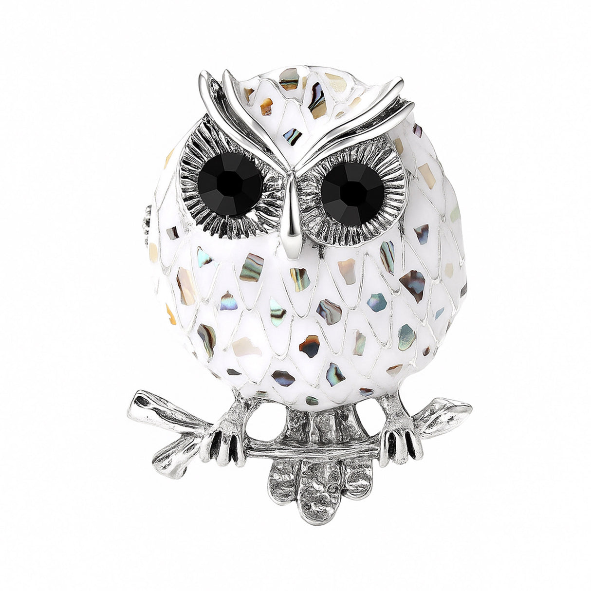 Owl brooch with multicolor mosaic-style pattern on white base, silver-tone outline, and black faceted eyes, cutout on white.