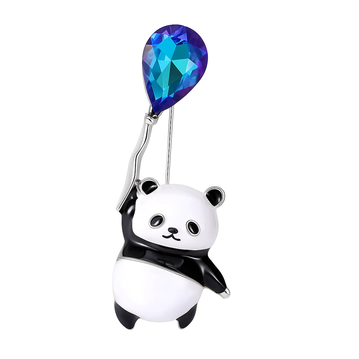 Panda brooch with glossy black and white enamel and large blue and purple teardrop-shaped faceted stone, cutout on white background.