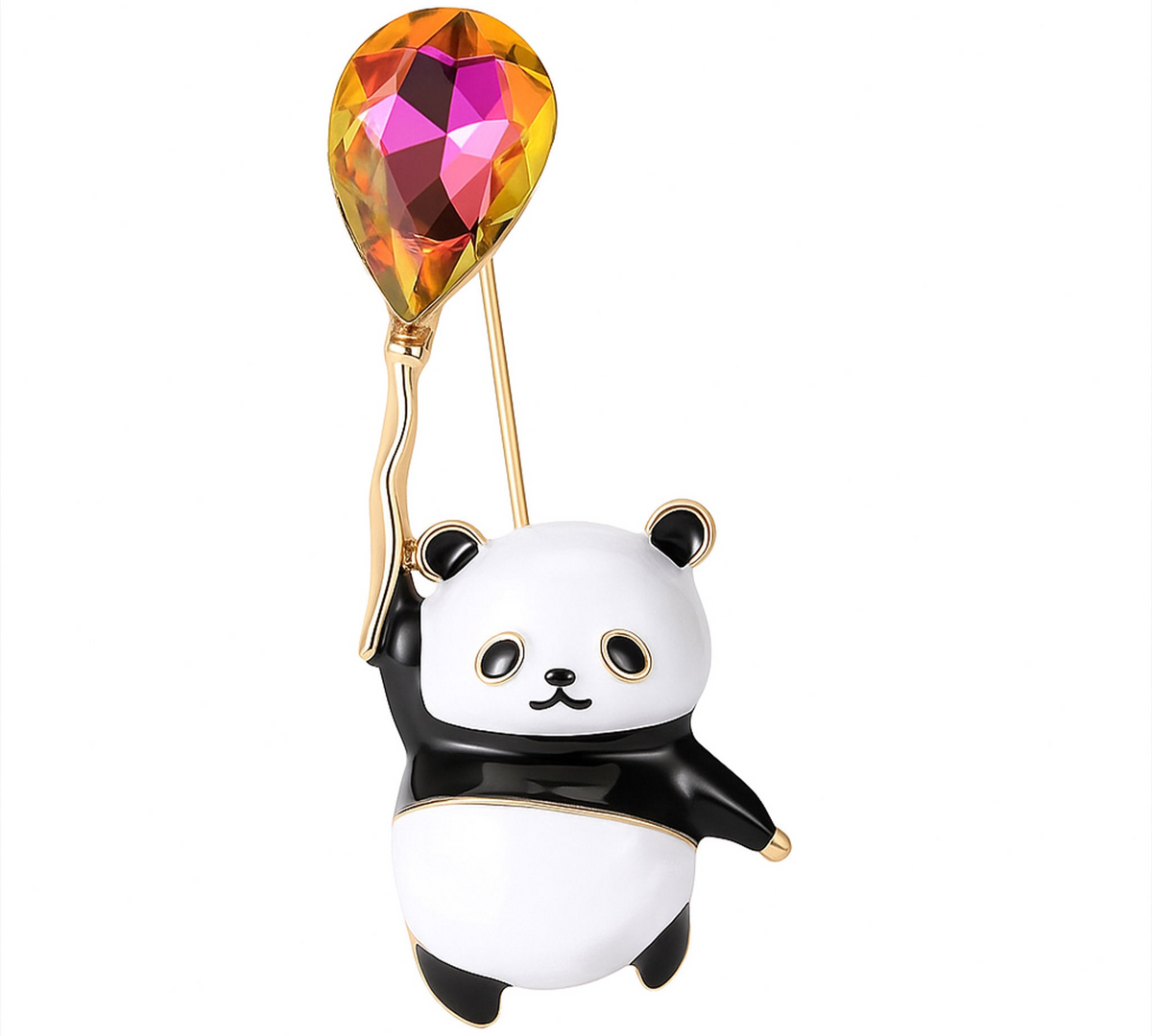 Panda brooch in black and white enamel holding a teardrop-shaped faceted balloon stone in orange, pink, and yellow tones, cutout on white. Landscape crop for secondary use.