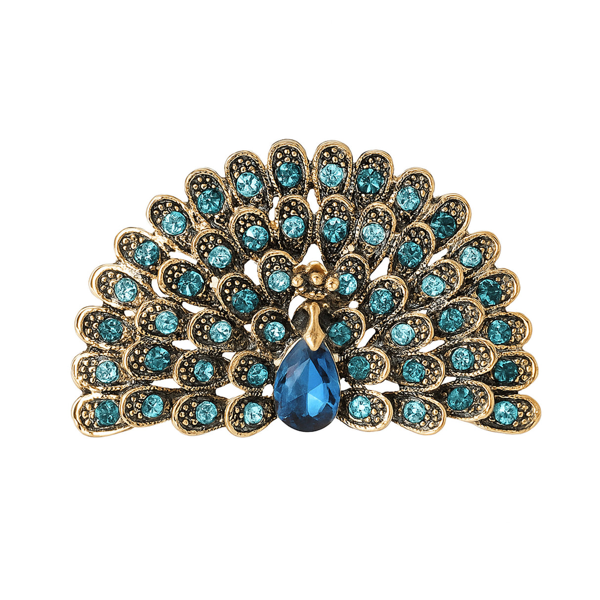 Peacock brooch with teal faceted stones, gold-tone metal, and dark blue teardrop center stone, cutout on white.