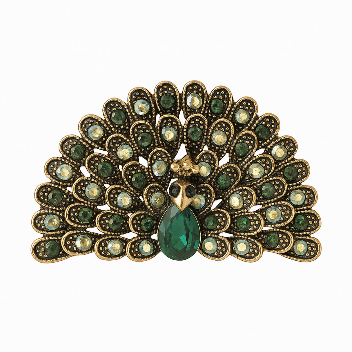 Peacock brooch with green and iridescent stones, gold-tone metal, and green teardrop center stone, cutout on white.