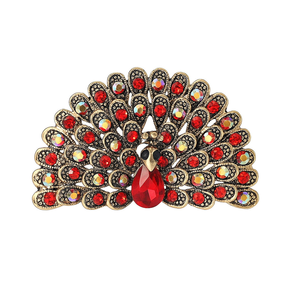 Peacock brooch with red and iridescent stones, gold-tone finish, and red teardrop center stone, cutout on white.