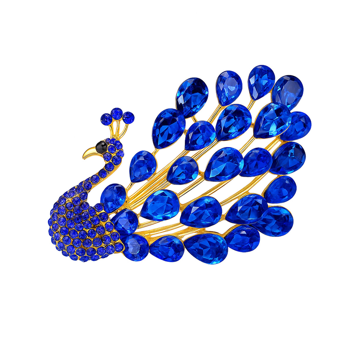 Peacock brooch with gold-tone metal base, blue teardrop stones, and matching round blue accents, cutout on white.