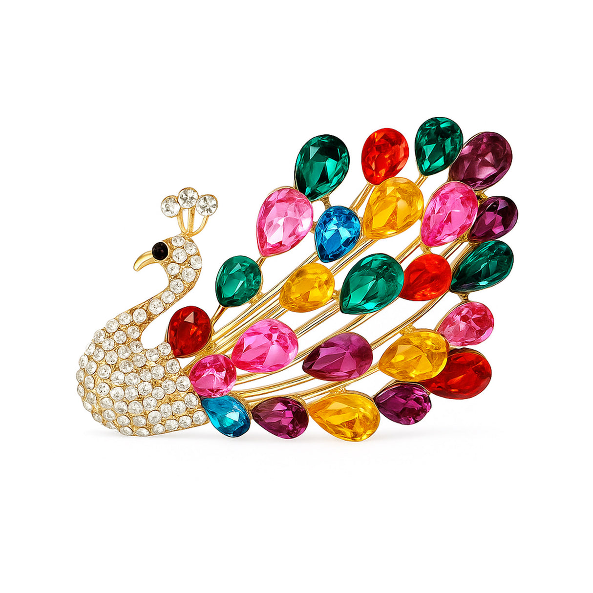 Peacock brooch with gold-tone metal, multicolor teardrop stones including pink, red, blue, green, and yellow. Cutout on white.