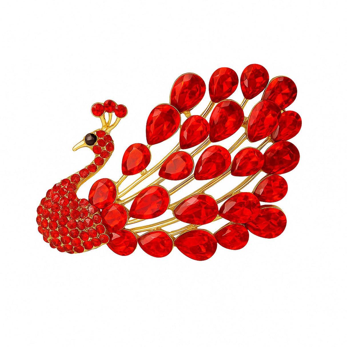 Peacock brooch with gold-tone metal finish, vivid red teardrop stones, and clustered red round stones, cutout on white.