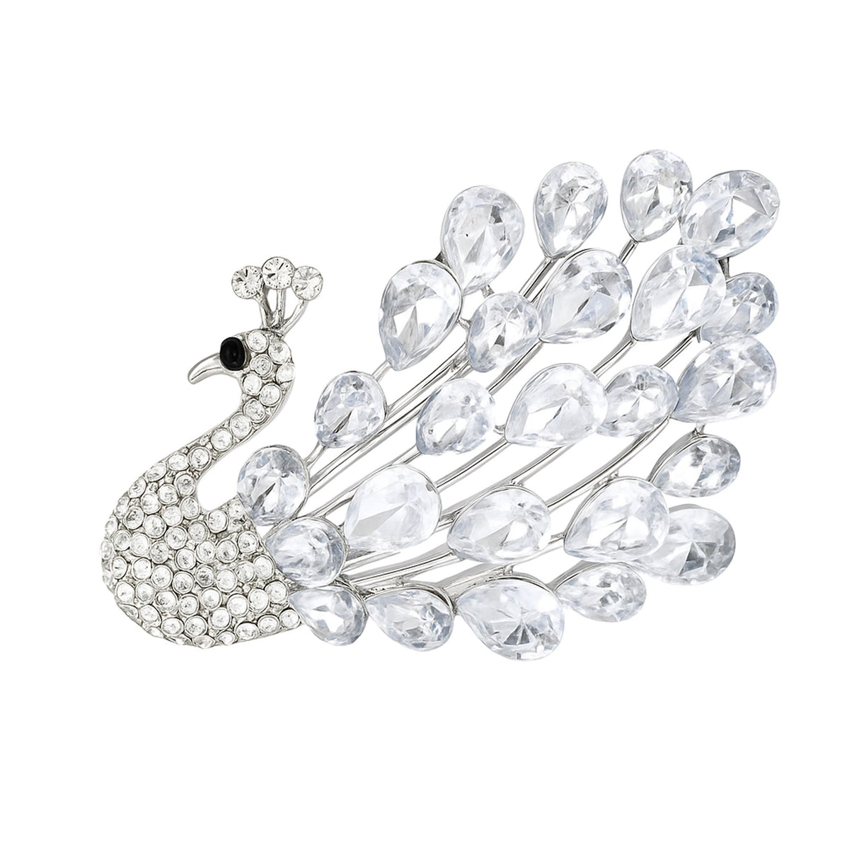 Peacock brooch with silver-tone base, clear teardrop stones, and round clear accents on body and crest, cutout on white.