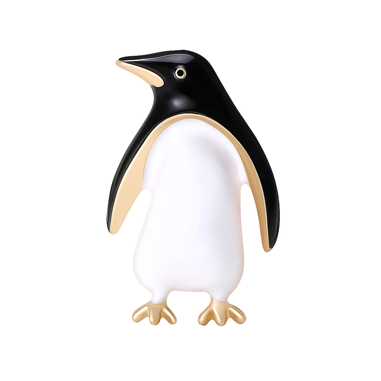 Penguin brooch with black and white enamel finish, gold-tone outline and feet, cutout on white background.