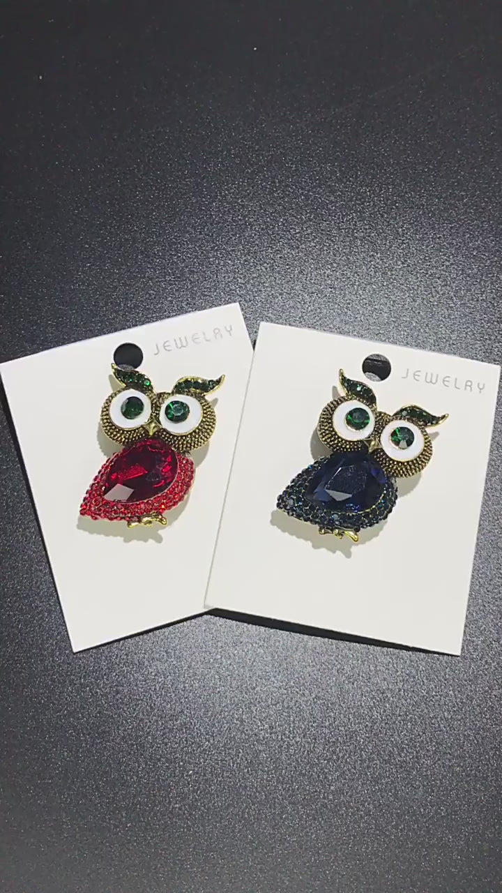 Owl Brooch with Large Faceted Body Stone  | Red or Blue